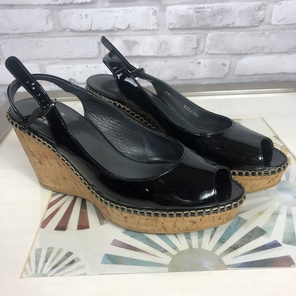 Stuart Weitzman Shoes - Stuart Weitzman Peep Toe Patent Black Cork Wedges Strappy 8